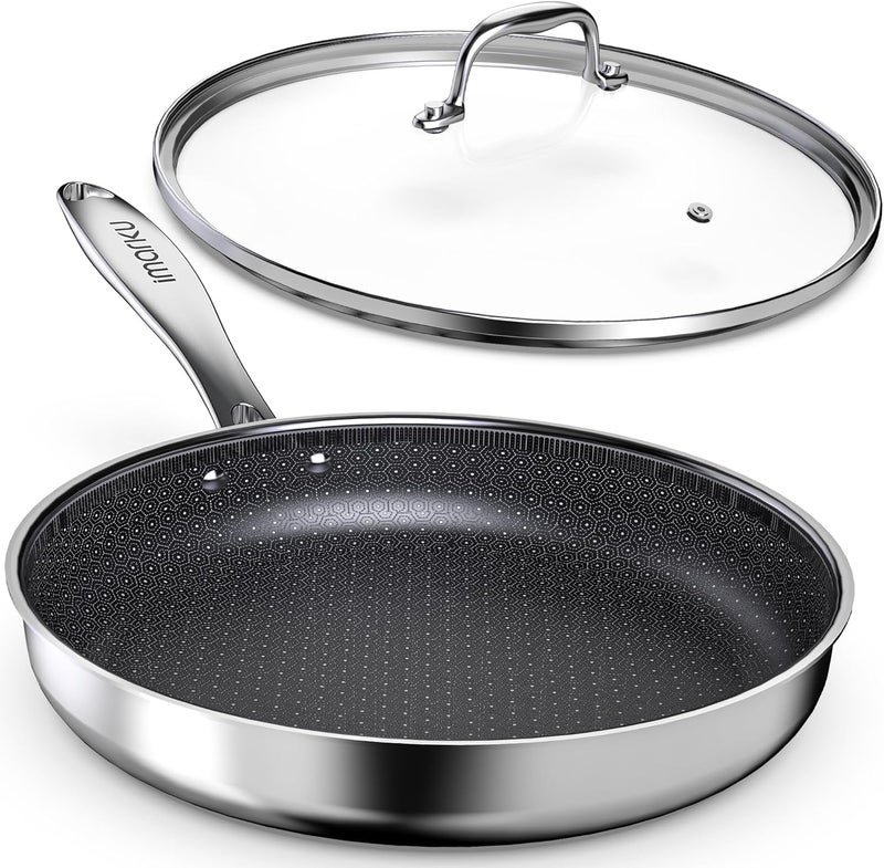imarku Non Stick Frying Pans, 12" Stainless Steel Pan, Hybrid Skillet with Lid, Deep Large Saute Pan, Dishwasher & Oven Safe, Induction Compatible Cooking Pan, PFOA Free - Image 1